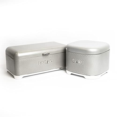 LOVELLO KitchenCraft Set of Gift-Tagged Shadow Grey Textured Cake Tin 26x26x19cm, Bread Bin 42x22x19cm