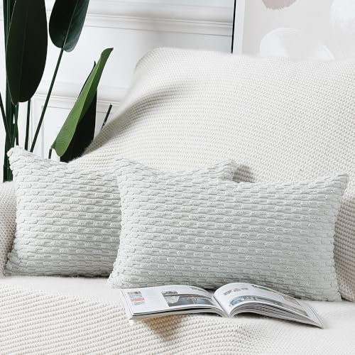 Madizz 2er Set Boho Gestreifte Kissenbezüge Weicher Kord Dekorativer Kissenbezug für Schlafzimmer Sofa Kissenhülle Grauweiß 30 x 50 cm