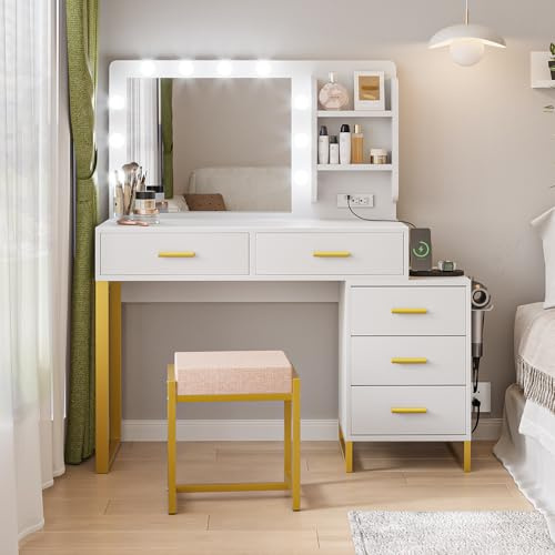 Semiocthome Schminktisch mit 10 LED-Lichtern, Spiegel und 5 Schubladen, 2 offene Regale, Schminktisch mit seitlicher Kommode mit 3 Schubladen, 100 cm (L) für Mädchen-Weiß