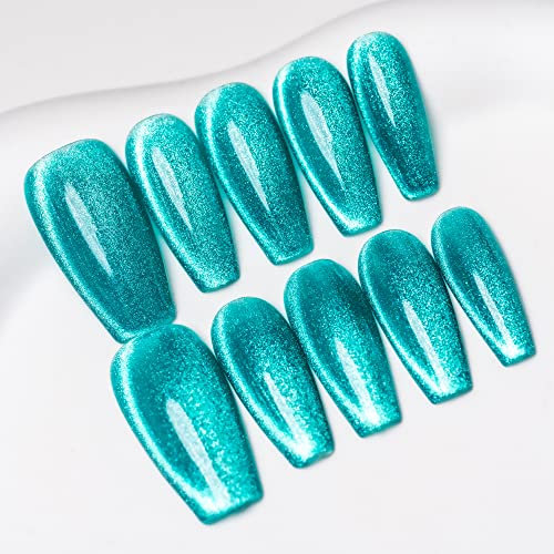 Sun&Beam Nails Handmade Press-On Medium Long Coffin Ballerina with Nile Blue Cat Eye Design Charm Cute False Nail Tips 10 Pcs (#84 XS)
