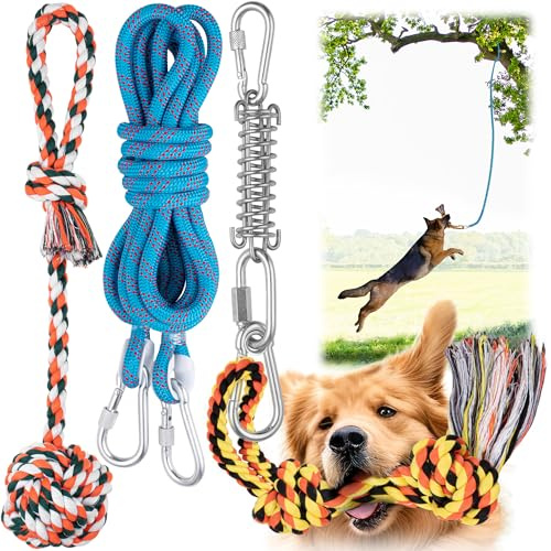 Yes4Quality Bungee Giocattolo da Appendere per Cani, Corda Interattiva Blu da Rimorchio con Kit di Molle in Metallo e 2 Giochi in Corda, Attrezzatura per Esercizi Pesanti per Cani