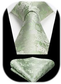 HISDERN Ties for Men Wedding Tie and Pocket Square Floral Silk Tie Set for Party Business Sage Green