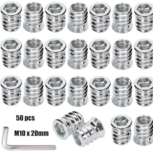 CRLYLC 50 tuercas atornillables de madera M10 x 20, casquillo roscado, manguitos de rosca con borde de cubierta, 1 llave hexagonal, inserto de rosca de acero galvanizado