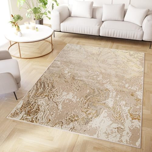 TAPISO Crystal Teppich Kurzflor Glänzend Beige Gold Marmoreffekt 3D Effekt Wohnzimmer Schlafzimmer Modern Design ÖKO-TEX 180 x 250 cm