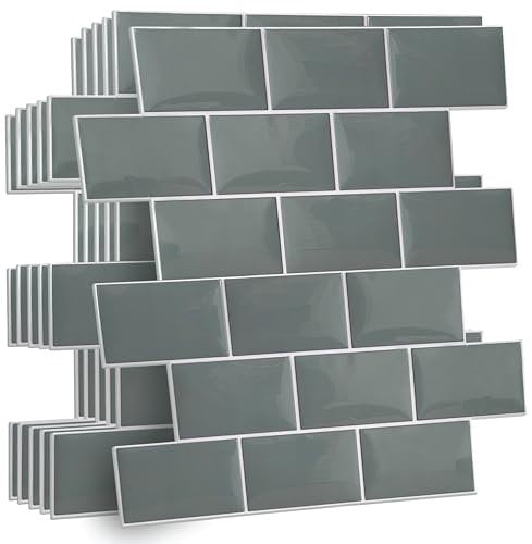 WALPLUS Upgrade Thicker 3D Kitchen Tiles Self Adhesive Sticky Back Tiles 30x15 cm (12x6) Peel and Stick Wall Tiles Removable Stick on Bathroom Tiles Grey Metro Subway Stick on Wall Tiles 20 PCS