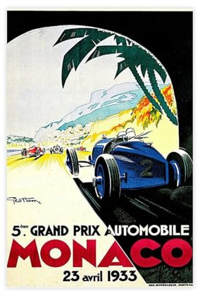 Generisch Poster mit Vintage-Autorennen Monaco Grand Prix 1934, Leinwandposter, Wandkunst, Dekordruck, Bild, Gemälde für Wohnzimmer, Schlafzimmer, Dekoration, ungerahmt, 30 x 45 cm