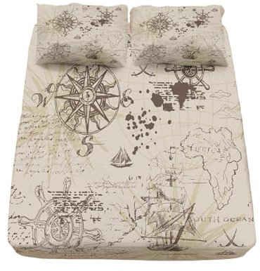 Spannbettlaken 160x200cm Mikrofaser Vintage-Druck Mit Nautischem Motiv Spannbetttuch Atmungsaktive Bettlaken Weich Knitterfrei mit 30 cm Tiefe Tasche Schlafzimmer Cremefarben Dekor Bettdecke