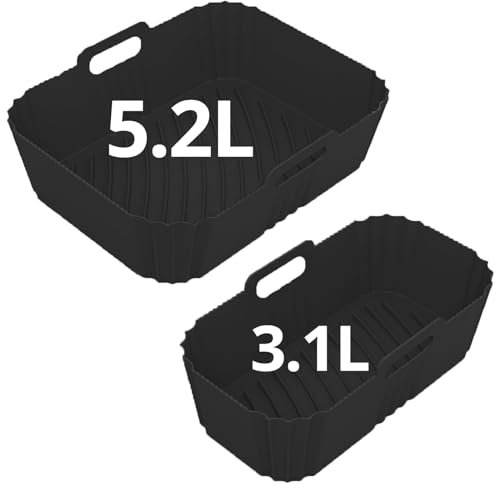 Stone TH Silicone Air Fryer Liners for 5.2L & 3.1L Air Fryer, 2PCs Reusable Non-Stick Air Fryer Accessories for Tefal Easy Fry Tower T17099 Grill Lakeland Salter Dual Drawer Air Fryer, Black