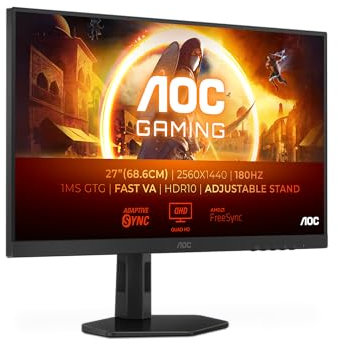 AOC Gaming Q27G4XD - Monitor QHD de 27 Pulgadas, 180 Hz, 1 ms GTG, Fast IPS, FreeSync Prem, G-Sync Comp, HDR400, Altura Ajustable 2560x1420, HDMI 2.0, DisplyPort 1.4, Hub USB, 27 Pulgada QHD