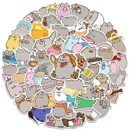 Cute Pusheen Katzen Sticker Set,50 Stück Pusheen Cat Sticker Vinyl Sticker Wasserfest Graffiti Aufkleber für Laptop Skateboard Koffer Auto Handy Scrapbook,Geschenk für Kinder Teenager Erwachsene