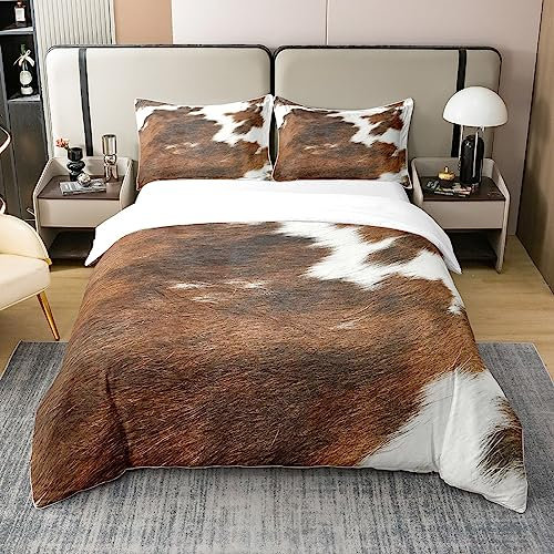 Loussiesd Kuhfell 100% Baumwolle Bettwäsche Set 155x220cm Rindsleder Dekorativ 100% Baumwolle Bettwäsche Set Home Decor Bauernhaus Western Farm Tier Skin Plaid Grid Drucken Cow Junge Weiß Brown