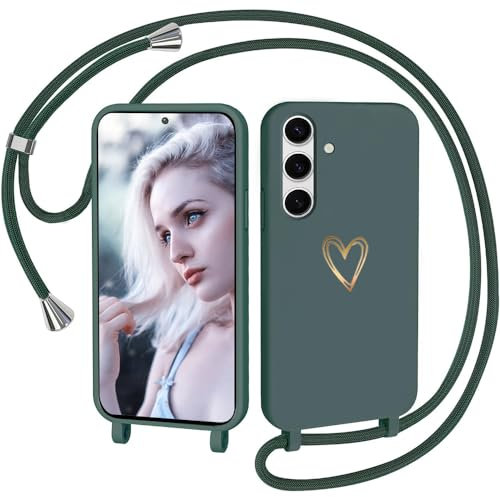 CaseLover Handyband für Samsung Galaxy A55 5G Hülle mit Band, Herz Muster Silikon Necklace Handyhülle mit Abnehmbar Kordel zum Umhängen Stossfest Bumper Handy Schutzhülle für Samsung A55, Grün
