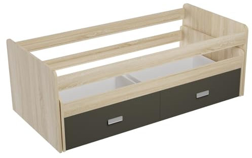 amuéblate online - Cama Nido de Madera Reforzada con Dos cajones, Gran Estabilidad, Modelo Helsinki, Camas de 90 x 190 cm, Color Puccini - Grafito