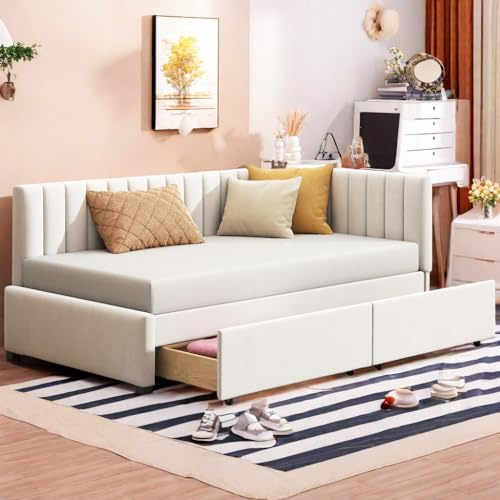 Sapgaks Bett 90x200 Schlafsofa mit bettkasten Polsterbett Einzelbett mit Schubladen Multifunktionsbett mit 2 großen Stauraumschubladen und Lattenrost hautfreundlicher Samtstoff Beige