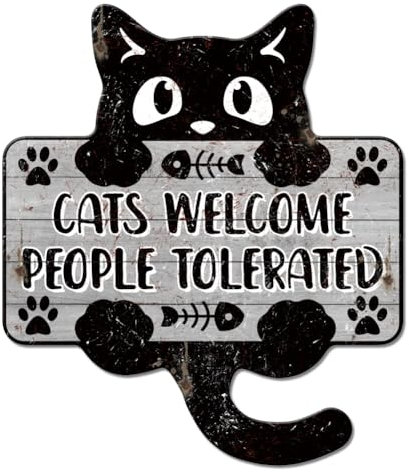 GLOBLELAND Black Cat Metal Tin Sign Cats Welcome People Tolerated Vintage Tin Sign Funny Cat Wall Decor for Living Room Bedroom Cafeteria Kitchen Restaurant Pet Café Pet Shop