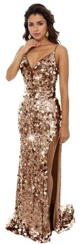 Sequin Sirène Robes De Bal Long pour Femmes Spaghetti Bretelles Robe avec Fente Col en V Mariage Formelle Soirée Robe Rose Gold M