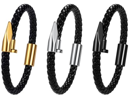 JewelryWe Genuine Leather Braided Rope: Unisex Nail Decor Open Bangle Men Women Magnetic Clasp Bracelet Black Leather with Accents