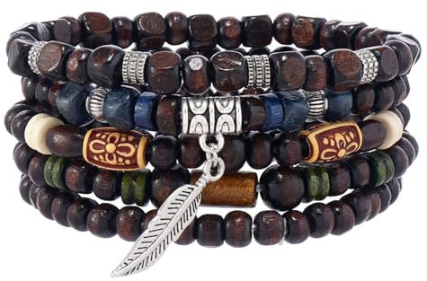 MILAKOO 5PCS Boho Tribal Armbänder für Frauen Feder-Anhänger natürliche Holzperlen Manschette Armband