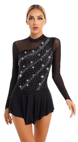 Eandarui Eiskunstlauf Kleid Damen Glitzer Strass Ballettkleid Langarm Cut Out Ballettanzug Mesh Patchwork Turnanzug Mit Wickelrock Tanzkostüm Schwarz S