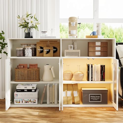 Zepneiy Sideboard 140 x 35 x 90 cm mit Glastüren mit LED-Licht, Holzschrank auf Fuß, Wohnzimmer, Küche, Haushaltsschrank, Weiß