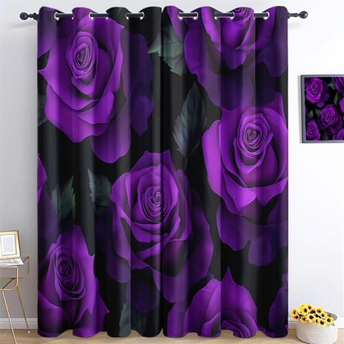 Gardinen Lila Rosenmuster Verdunklungsvorhänge mit Ösen Vorhänge Lila Blickdicht Gardinen für Schlafzimmer von Mädchen und Jungen H245 x B75 cm (2er Pack)