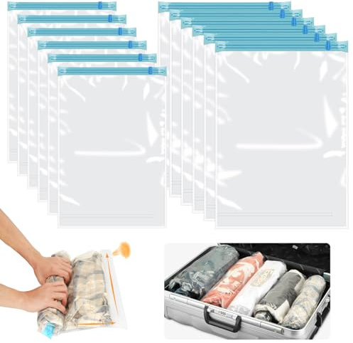 12 Stück Vakuumbeutel für Kleidung Reise, Vakuumierbeutel zum Rollen, Vacuum Bags for Clothing, in 2 Größen (6 Stk 40x60 + 6 Stk 35x50)