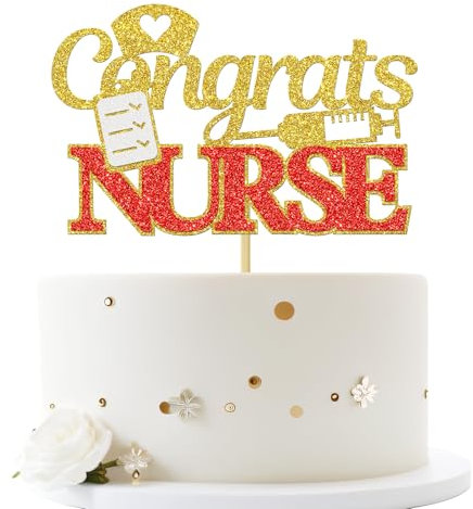 Congrats Nurse Grad Decorations - Glitter BSN 2025 Cake Topper University Graduation Party Decoration Supplies, Congratulation Graduate, Red & Gold