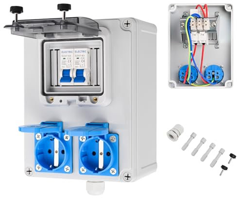 Baustromverteiler Wandverteiler Schuko CEE Steckdose Stromverteiler, 2x 16A 230V Bals Steckdose, 2x LS-Schalter C16A 1-Polig
