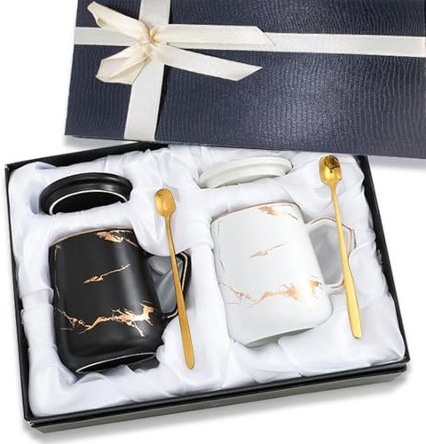 Seuqhck Paquete de 2 tazas de cerámica blanca y negra de 13.5 onzas, tazas de café de porcelana con tapa, asa y cuchara, tazas de porcelana marmoleada para parejas con caja de regalo para Navidad, día