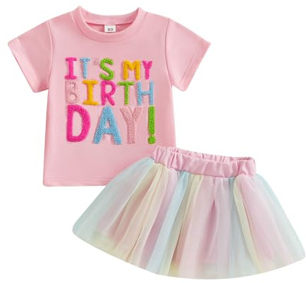 Little Baby Girl Birthday Outfit Short Sleeve T-Shirt with Tulle Skirt Sets | YILEEGOO Little Baby Girl Birthday Outfit Short Sleeve Letter Embroidery T-Shirt with Coloful Tulle A-Line Skirt 2 Pcs Set