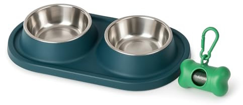 Comedero Doble Acero Inoxidable Inclinable con Base Antideslizante + Dispensador de Bolsas Verde.Perros y Gatos.2×400 ml