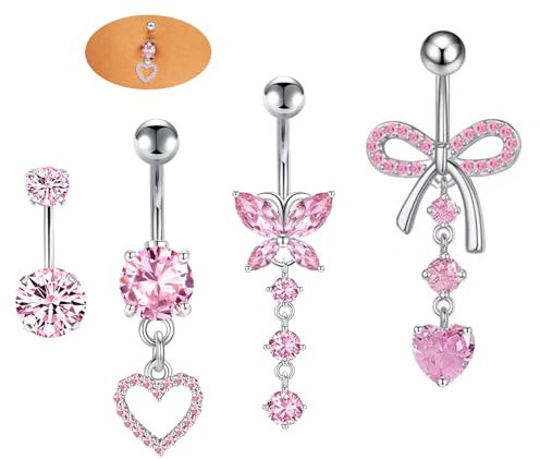 Habselikob Bauchnabelpiercing 14G Chirurgenstahl Piercing Bauchnabel für Frauen CZ Herz Schmetterling Clicker Bauchnabelpiercing Ring Blau Gold Sliber Rosa