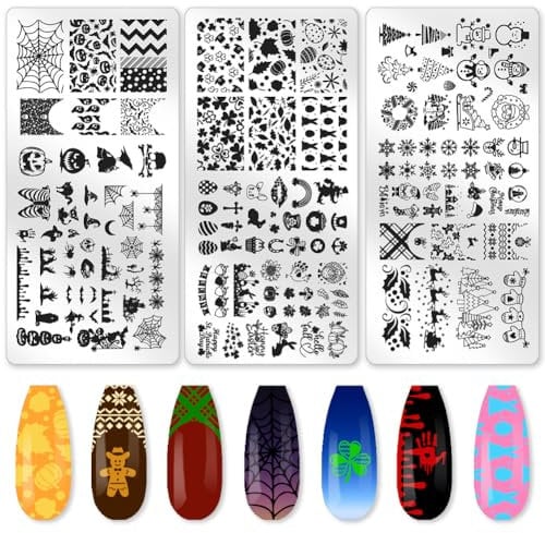 beinkmake 3Pcs Holiday Nail Stamping Plate Seasonal Nail Stamp Templates Nail Art Stamp Plates Easter St. Patrick's Day Christmas Halloween Image Plate Tools with Stamper Scraper for Manicure Printing