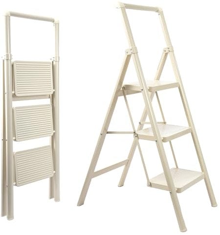 Heavy Duty 3 Step Folding Ladder with Handrail, Wide Anti-Slip Platform 330lbs Load Portable Steel Step Stool for Home Kitchen Loft & Library Compact Sturdy Stepladder for Easy Climbing (White)