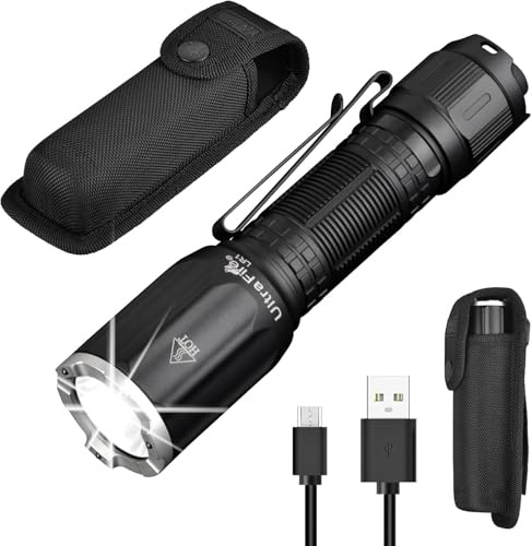 ULTRAFIRE Linterna táctica recargable de 3100 lúmenes con funda, linterna LED súper brillante de doble interruptor, 6 modos IPX8 impermeable linterna de policía LR1