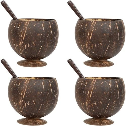 4 Pcs Coconut Cups with Spoon, Polished Coconut Shell Cups, Natural Coconut Shell Bowls Set for Vegan Organic Salad, Smoothie, Dessert