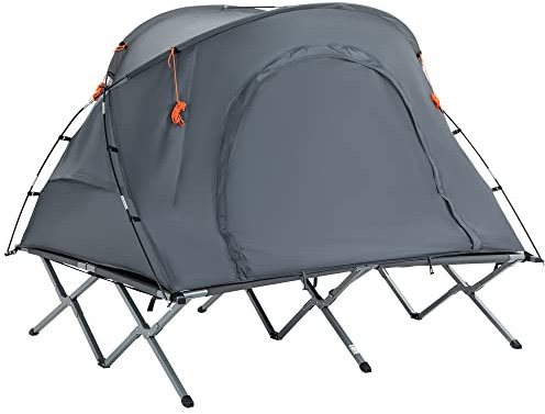 Outsunny Campingbett mit Zelt erhöhtes Feldbett für 2 Person Kuppelzelt mit Luftmatratze inkl. Tragetasche Grau 200 x 146 x 159 cm