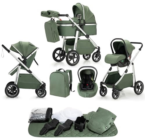 Lnhcrbs Kinderwagen 3 in 1,Kinderwagen & Buggys mit Autositz mit verstellbarem Griff,Kinderwagen mit Feststellbaren Vorderrädern, für 22 kg, 0-4 Jahre(Grün)