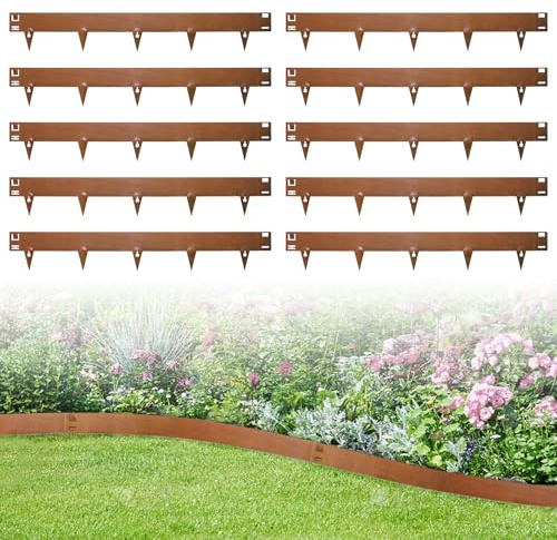 wowspeed 10 Stück Rasenkante Cortenstahl, 3.5ft Rasenkanten, 16.5cm hoch Beeteinfassung, Beetumrandung Cortenstahl, Mähkante Beetbegrenzung Flexible für Garten, Wetterbeständig