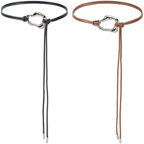 GORGECRAFT Cintura in Corda di Pelle PU da Donna 2 Pezzo 1.25 m Nera Marrone Stile Boho in Metallo con Annodamento Irregolare con Cordino Sottile con Catena e Chiusura in Lega.