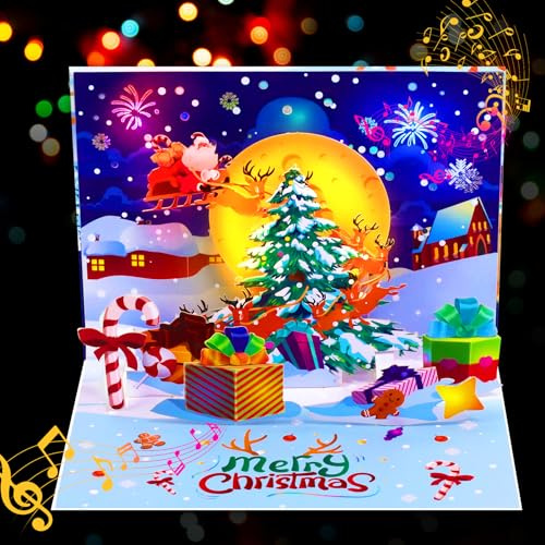 GREETING ART Pop-Up-Weihnachtskarten mit Licht und Musik, Weihnachtsmann mit Rentier Design, Handgefertigte Musikalische Weihnachtskarte