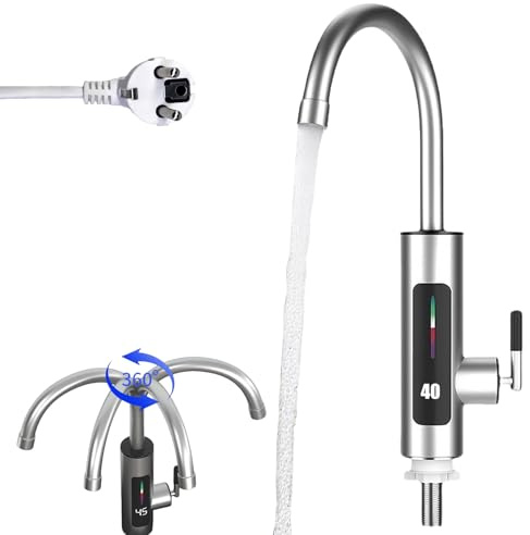 Robinet avec chauffe-eau instantané, chauffe-eau électrique, rotatif à 360°, en acier inoxydable, avec affichage de la température LED, pour cuisine, jardin, camping (220 V, 3000 W, prise UE)