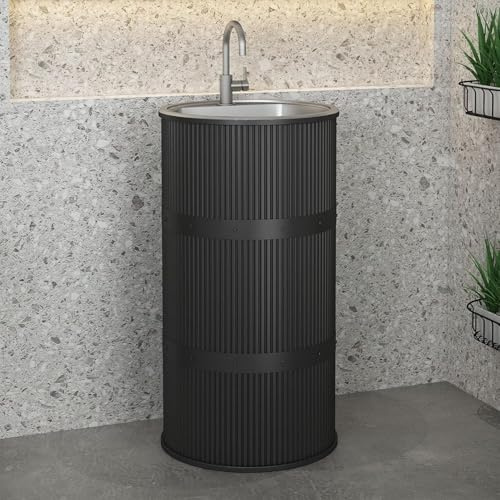 Modern Wrought Iron Pedestal Sink with Stainless Steel Washbasin, Freestanding Pedestal Sink Set with Tap and Drain (No Container, Black)