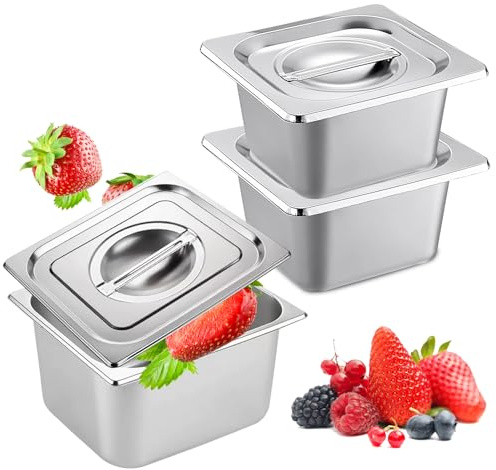 BYZESTY Bac Inox 3 Plateaux Inox Professionnels avec Couvercles (17.5x16.6x10 cm), Bac Gastronorme GN 1/6 pour Restauration,Cuisin,Buffet, Conteneurs Alimentaires Empilables
