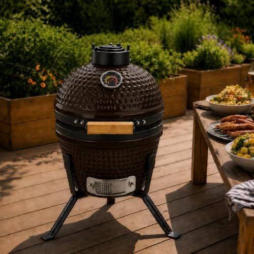 Neo Kamado 13 Ceramic Mini BBQ Grill Smoker Egg Charcoal Cooking Oven with Portable Stand (Espresso)