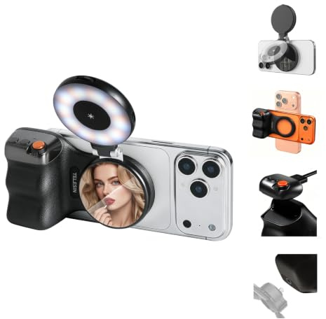AFAITH Phone Camera Grip with Magnetic Selfie Light,10M Mobile Phone Remote-Grip for iPhone and Android,Removable USB-C DSLR-Style Phone Camera for Selfies/Photography/TikTok/Zoom Calls/Video (Black)