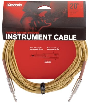 D’Addario Accessories Custom Series Braided Guitar Cable - Instrument Cable with Nickel Plated ¼ Inch Ends - Protects Guitar Cord Against Cuts, Kinking - 20 feet - Tweed