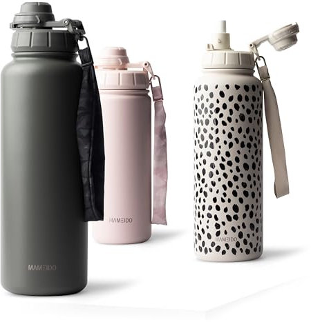 MAMEIDO Botella Agua Acero Inoxidable 1,2l - Botella Termica con Pajita, Botella Agua Gimnasio sin BPA, Cantimplora estanca, Termo con Correa de Transporte, Water Bottle (Vintage Vogue, 1200ml)