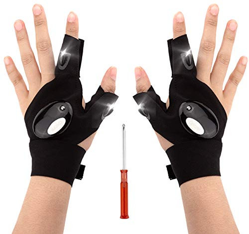 LUTER 1 Pair 2 LED Flashlight Gloves Fingerless Fishing Gloves and Screwdriver Gadget Tool for Repairing Working in Darkness, for Men Women Camping Hiking Outdoor Activities
