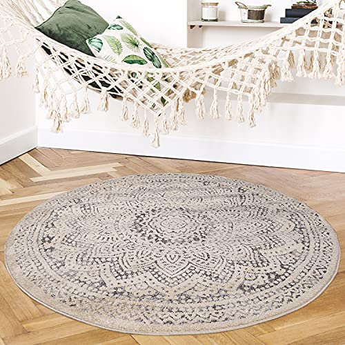 payé Teppich Rund Wohnzimmer - Beige Grau - 200x200cm Mandala Deko Boho Kurzflor Schlafzimmer Dekoration Läufer - Orientalische Teppiche